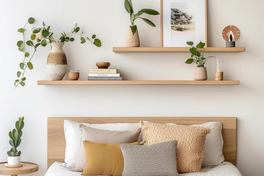 floating shelf sebagai dekorasi kamar tidur sempit