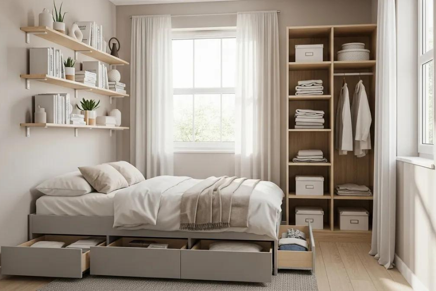kamar tidur sempit yang rapi dengan penyimpanan terorganisasi