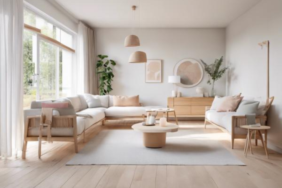 dekorasi ruang tamu scandinavian dengan warna terang dan elemen kayu